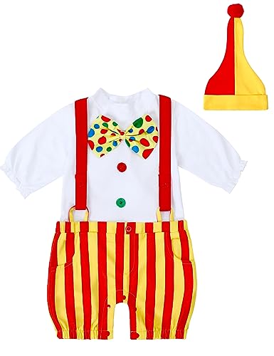 MOMBEBE COSLAND Baby Clown Kostüm mit Hut Halloween Jumpsuit Karneval Kostüm, Rot und Gelb, 18-24 Monate von MOMBEBE COSLAND