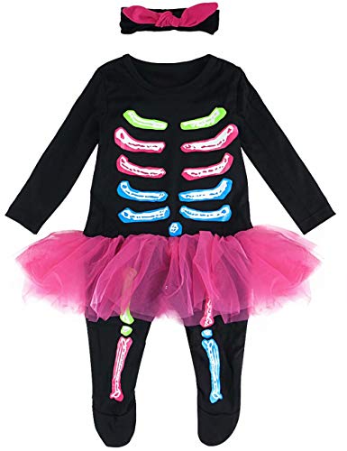 MOMBEBE COSLAND Baby Mädchen Skelett Kostüm Langer Strampler (6-9 Monate, Schwarz) von MOMBEBE COSLAND