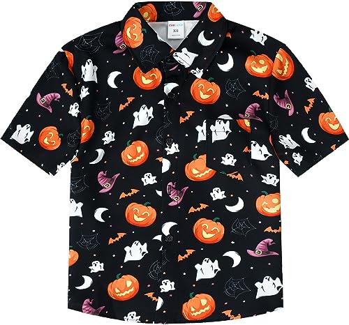 MOMBEBE COSLAND Jungen Kürbis Button Down Shirt Kinder Halloween Top, schwarz, 9-10 Jahre von MOMBEBE COSLAND