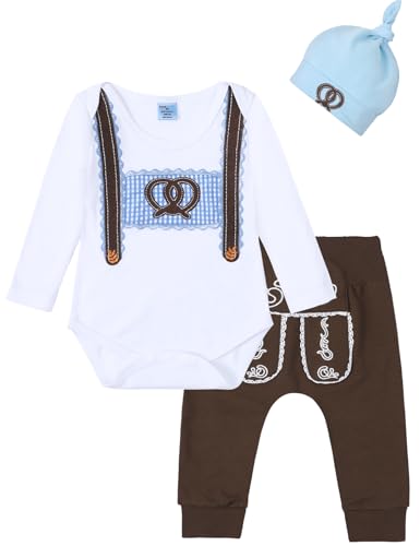 MOMBEBE COSLAND Oktoberfest Baby Jungen Outfit 3Pcs, Top Strampler + Hosen + Hut, Neugeborene, 60 von MOMBEBE COSLAND