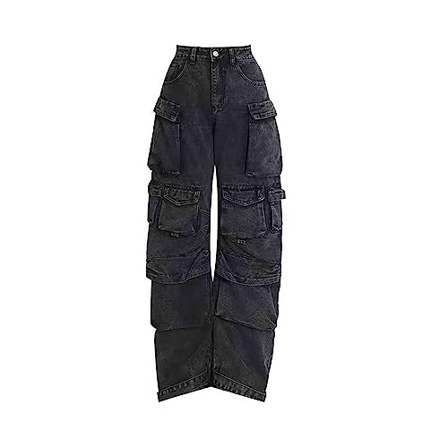 Damen Cargohose Y2K Kleidung Multi-Pocket Relaxed Fit Jeans Grunge Kleidung Alt Emo Hip Streetwear, grau dunkel, S von MOMEITU