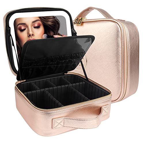 MOMIRA Reise-Make-up-Tasche Kosmetiktasche mit beleuchtetem Spiegel, Einstellbarer Helligkeit in 3 Farbszenarien, wasserdichte Makeup-Trainingsbox, Geschenk für Frauen - Champagner von MOMIRA