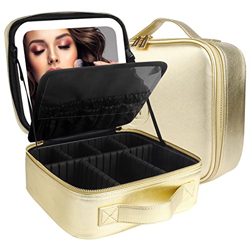 MOMIRA Reise-Makeup Tasche Kosmetiktasche mit beleuchtetem Spiegel, Einstellbarer Helligkeit in 3 Farbszenarien, Geschenk für Frauen - Gold von MOMIRA