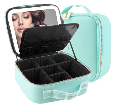 MOMIRA Reise-Make-up-Tasche Kosmetiktasche mit beleuchtetem Spiegel, Einstellbarer Helligkeit in 3 Farbszenarien, wasserdichte Makeup-Trainingsbox, Geschenk für Frauen - Grün von MOMIRA