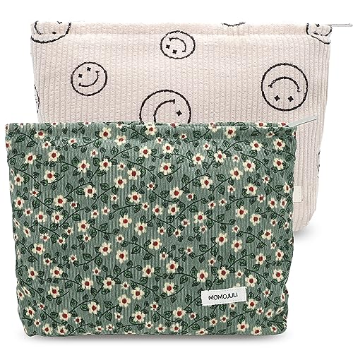 MOMOJULI Cord Make-up Tasche Kosmetiktasche Große Kapazität Damen Frauen Ästhetische Make Up Organizer Zubehör Reißverschluss Beutel Geldbörse Federmäppchen, Gflower-Beige von MOMOJULI