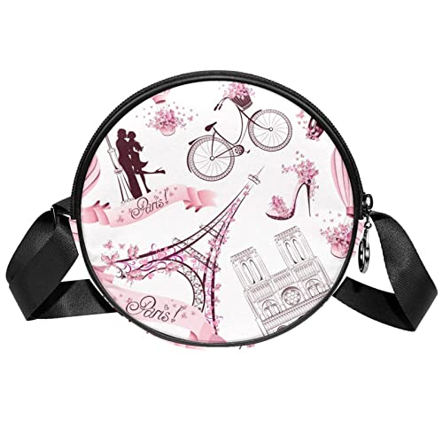 MOMOLOA Umhängetasche Rosa Pariser Eiffelturm Messenger Bags Runde Umhängetasche für Damen Damen Mädchen von MOMOLOA