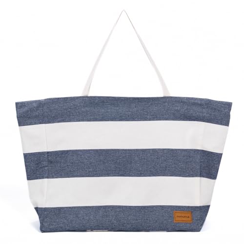 MOMOMUS Große Strandtasche XXL Familie - Wendbar, Gestreiftes und glattes Design, Geräumig - 50x40, Blau-Beige von MOMOMUS