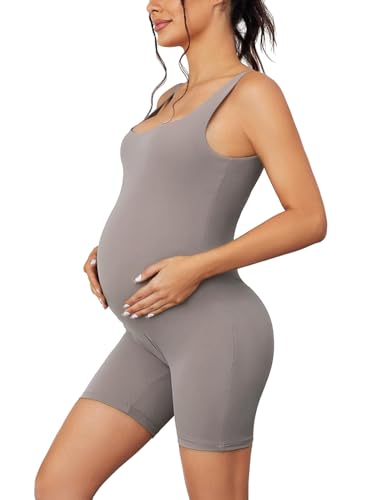 MOMOOD Mutterschaft Jumpsuit Square Neck Workout Mutterschaft Bodysuit Ärmellos Schwangere Strampler, Nut, S von MOMOOD