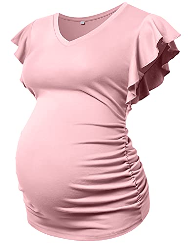 MOMOOD Umstands-T-Shirt, Schwangerschaft, V-Ausschnitt, Fliege, kurzärmelig, stylisches T-Shirt für Schwangere - Pink - Klein von MOMOOD
