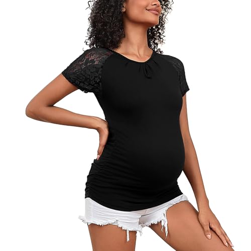 MOMOOD Umstandsshirts Spitze Kurzarm Umstandsoberteile Rundhals Umstandsbluse, Schwarz, X-Groß von MOMOOD