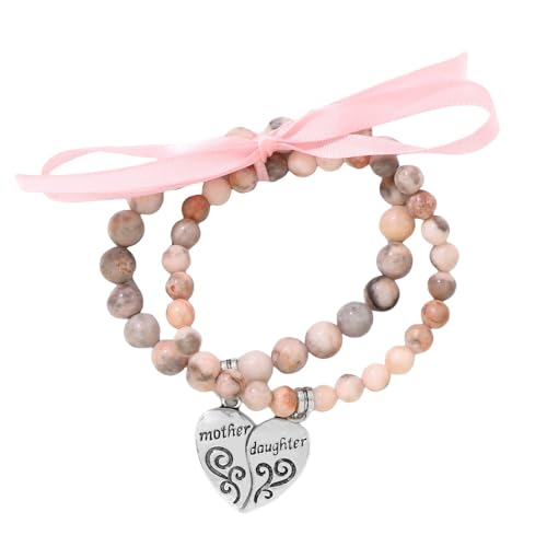 MOMYXCJQ Naturstein Armband Damen, 2-Teiliges Set 6 Mm/8 Mm Naturedelstein Herzförmige Kristallarmbänder Für Mutter Und Tochter, Energieschmuck Für Frauen Pink Zebra von MOMYXCJQ