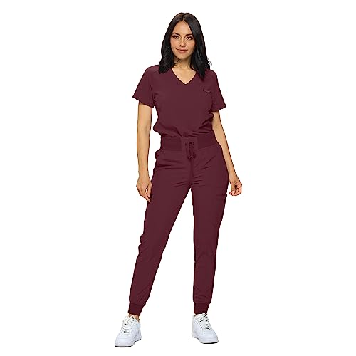 MONARCH UNIFORMS Slim Fit Stretchy Scrubs Damen Jogger Scrub Set Slim Jogger Scrubs mit Einsteck-Top für Frauen, Burgunder, X-Large von Monarch Uniforms