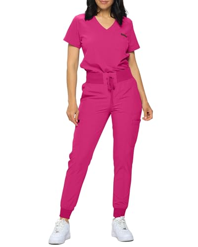 Monarch Uniforms Slim Fit Stretchy Scrubs Damen Jogger Scrub Set Slim Jogger Scrubs mit Einsteck-Top für Frauen, Knallpink (Hot Pink), Large Zierlich von Monarch Uniforms
