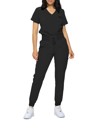 MONARCH UNIFORMS Slim Fit Stretchy Scrubs Damen Jogger Scrub Set Slim Jogger Scrubs mit Einsteck-Top für Frauen, Schwarz, X-Small von Monarch Uniforms