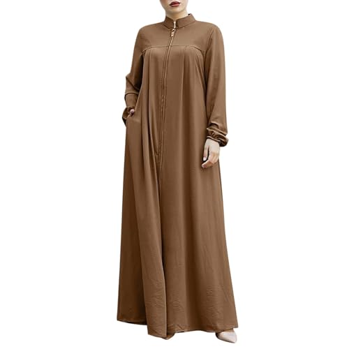 Abaya Damen Islam: Loose Stehkragen Muslimische Robe,Casual Einfarbig Maxi Muslimische Kleider mit Reißverschluss,Langen-Ärmeln Langes Kleid,Einfach Modern Lässig Abaya Kleid für Ramadan,Abend von MONBKLING