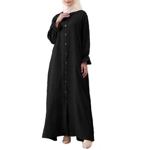 Musulmanes Robe Longue: Casual Loose Offenes Kleid mit Knöpfen,Trompete ärmel Einfarbig Maxi Muslimische Kleider,Mode Einfach Muslimische Robe,Islamischer Naher Osten Dubai Türkei Langes Kleid von MONBKLING