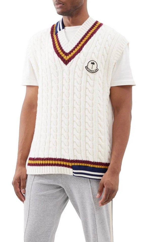 MONCLER Strickpullover Genius x Palm Angels Wollstrick Weste Off-White Teddy-Patch, grob gestricktes Zopfmuster von MONCLER