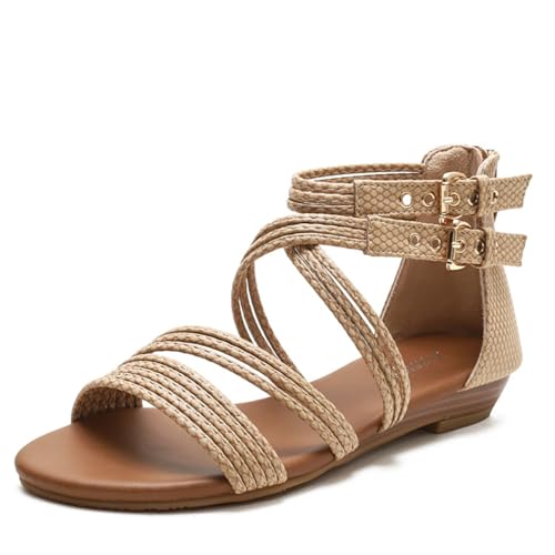 MONDEX Damen Römische Sandalen mit Reißverschluss Elastische Riemchenschnur Kreuz Knöchelriemen Sommer Strand Flache Gladiatorenschuhe,Beige,40 von MONDEX