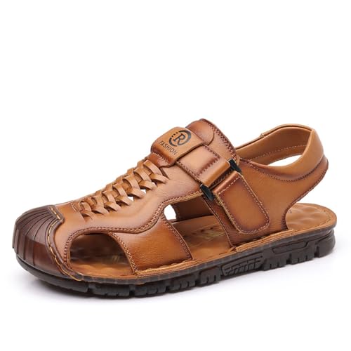 MONDEX Herren Echtleder Riemensandalen Outdoor Sommer Komfort Geschlossene Zehen Wandersandalen,Braun,42 von MONDEX