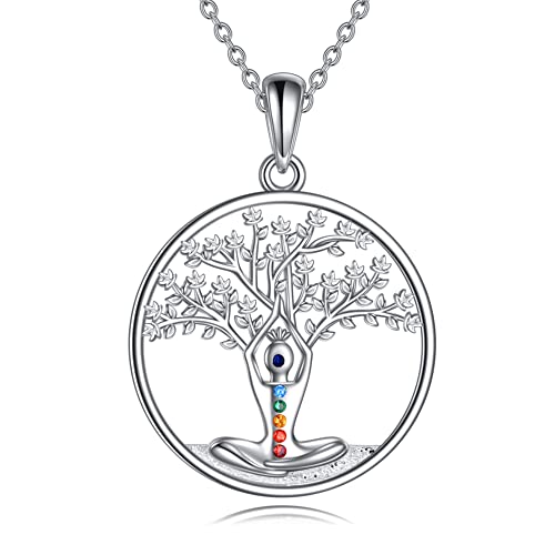 MONGAS 7 Chakra Yoga Baum des Lebens Halskette für Frauen 925 Sterling Silber Yoga Baum des Lebens 7 Chakra Anhänger Halskette Schmuck Geschenke für Frauen Muttertagsgeschenke von MONGAS