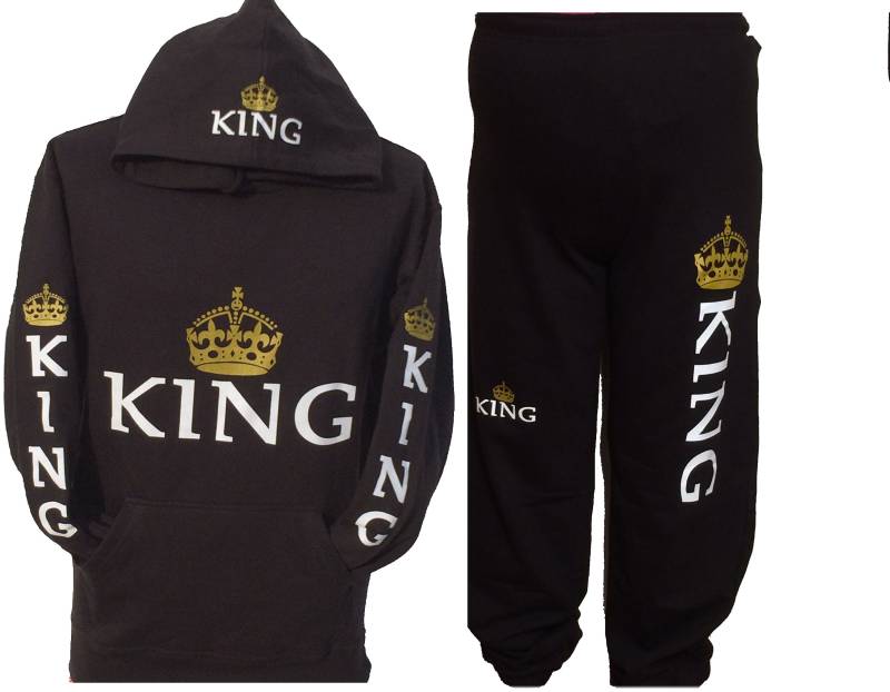 König Trainingsanzug Outfit Schwarze Jogginghose Und Sweatshirt Weiß Gold Design von MONIKUNIQUE555