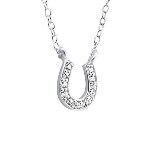 Monkimau Mädchen Halskette Hufeisen Glücksbringer Anhänger aus 925 Sterling Silver echt Silber mit 11 Kristallen 45cm Kette von MONKIMAU