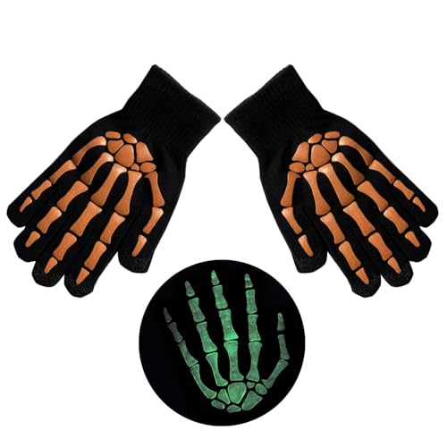 MONOJLY Halloween-Skelett-Klauen-Handschuhe, leuchten im Dunkeln, gruselige Kostüm-Handschuhe, Party-Handschuhe, Halloween-Requisiten, leuchtende Handwärmer, Orange, 21 cm von MONOJLY