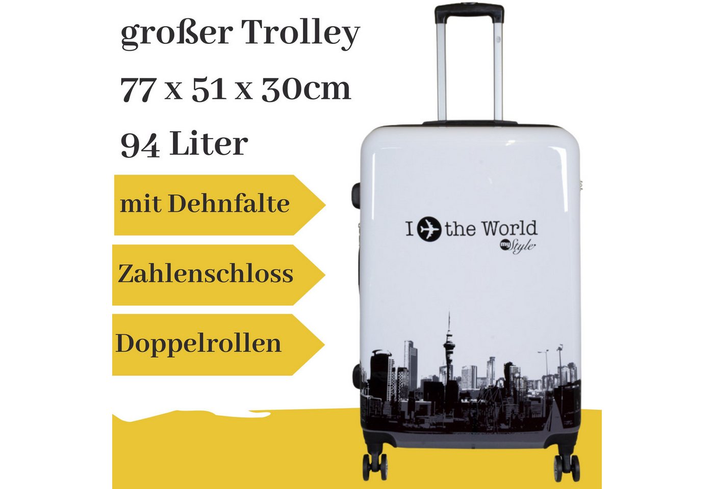 MONOPOL® Hartschalen-Trolley Motivkoffer 'Fly the World' weiß L von MONOPOL®