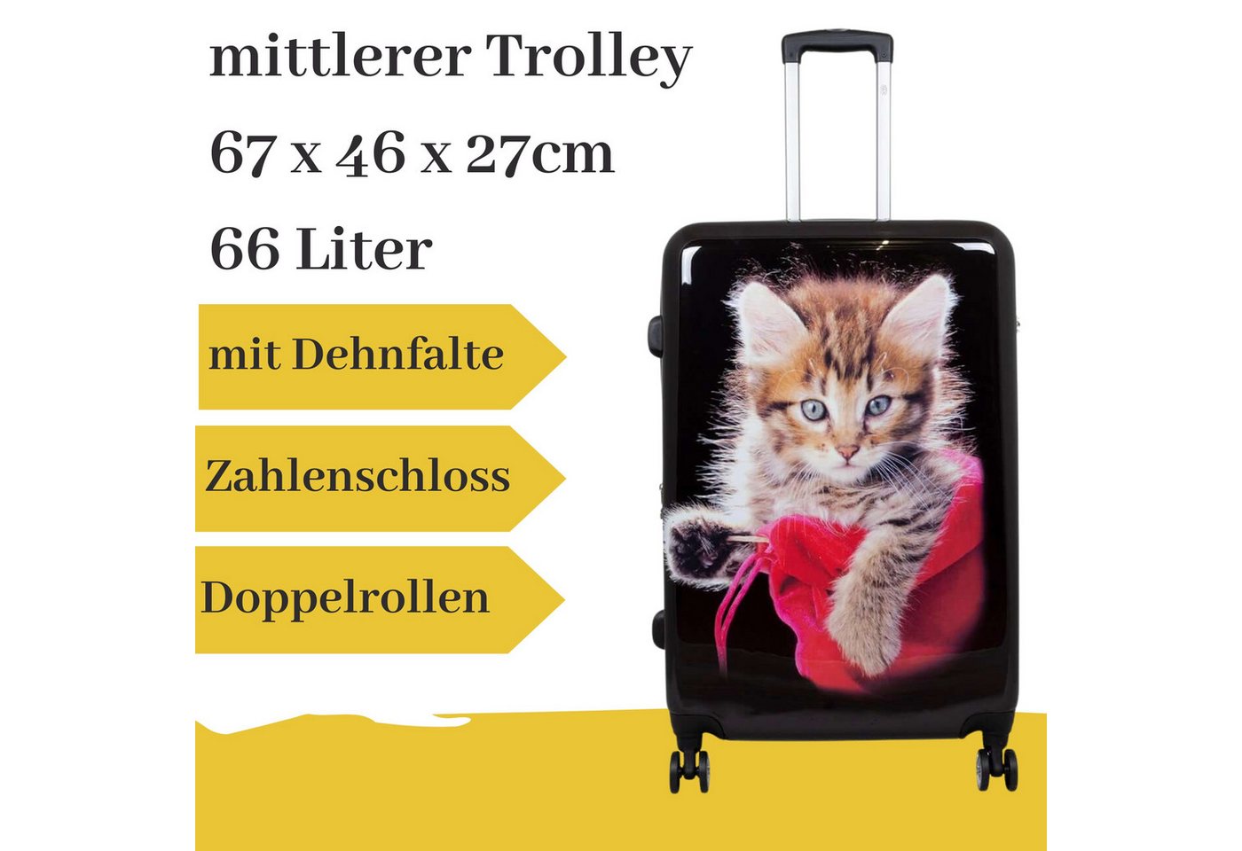 MONOPOL® Hartschalen-Trolley mittlerer Hartschalentrolley Katze schwarz, 66 Liter von MONOPOL®