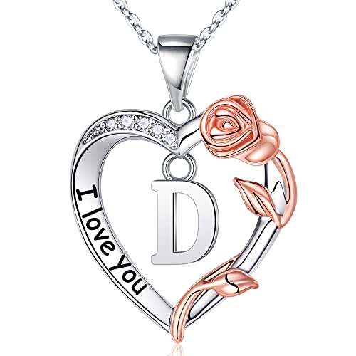 Rose Heart Necklace Gifts for Women Teenage Girls, Rose Love Heart Pendant Letter D Initial Necklaces for Women Girls Mothers Day Anniversary Valentines Christmas Birthday Gifts for Women Girls Wife von MONOZO