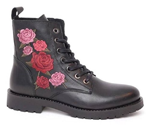 Monshoe Damen Biker Boot Stiefelette Kurzstiefel Schnürstiefel schwarz ausgefallen trendy mit Blumenmuster robust (38) von MONSHOE