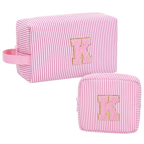 MONSTINA Make-up-Tasche für Damen – personalisierte Initiale niedliche Make-up-Tasche, Rosa K, Personalisierte Initiale Nadelstreifen K von MONSTINA