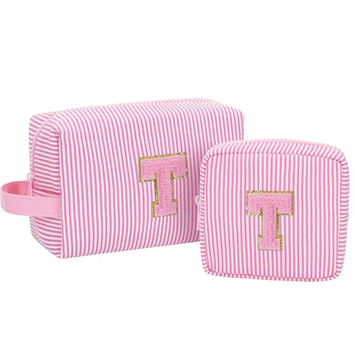MONSTINA Make-up-Tasche für Damen – personalisierte Initiale niedliche Make-up-Tasche, Rosa T, Personalisiertes Nadelstreifen-T von MONSTINA