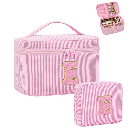 MONSTINA Make-up-Tasche für Frauen – personalisierte Initiale niedliche Make-up-Tasche mit Pinselhalter und Trennwand, Pink E, Large, Personalisierte Initiale Nadelstreifen E von MONSTINA