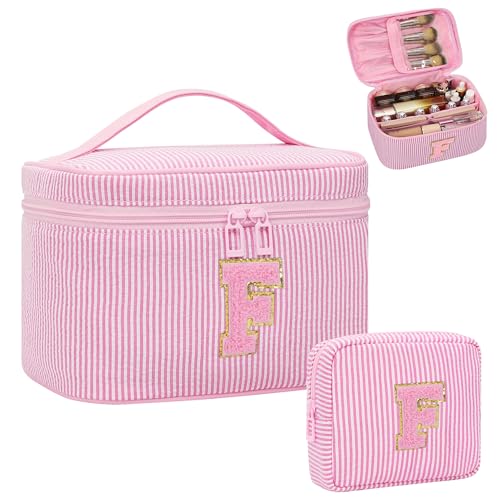 MONSTINA Make-up-Tasche für Frauen – personalisierte Initiale niedliche Make-up-Tasche mit Pinselhalter und Trennwand, Pink F, Large, Personalisierte Initiale Nadelstreifen F von MONSTINA