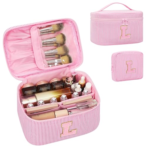 MONSTINA Make-up-Tasche für Frauen – personalisierte Initiale niedliche Make-up-Tasche mit Pinselhalter und Trennwand, Pink L, Large von MONSTINA
