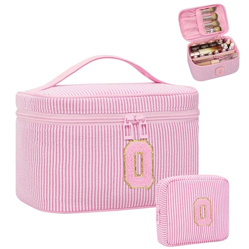 MONSTINA Make-up-Tasche für Frauen – personalisierte Initiale niedliche Make-up-Tasche mit Pinselhalter und Trennwand, Pink Q, Large, Personalisierte Initiale Nadelstreifen Q von MONSTINA
