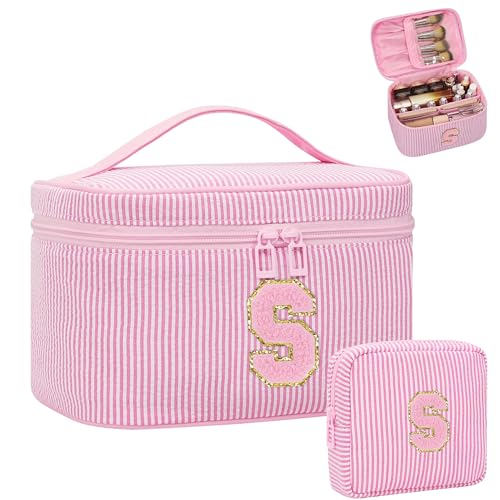 MONSTINA Make-up-Tasche für Frauen – personalisierte Initiale niedliche Make-up-Tasche mit Pinselhalter und Trennwand, Pink S, Large, Personalisierte Initiale Nadelstreifen S von MONSTINA