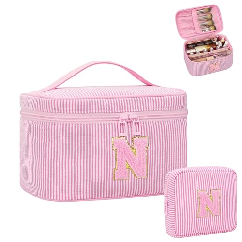 MONSTINA Make-up-Tasche für Frauen – personalisierte Initiale niedliche Make-up-Tasche mit Pinselhalter und Trennwand, Rosa N, Large, Personalisierte Initiale Nadelstreifen N von MONSTINA