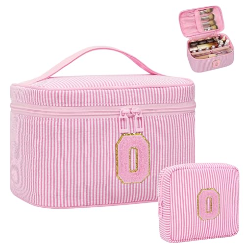 MONSTINA Make-up-Tasche für Frauen – personalisierte Initiale niedliche Make-up-Tasche mit Pinselhalter und Trennwand, Rosa O, Large, Personalisierte Initiale Nadelstreifen O von MONSTINA
