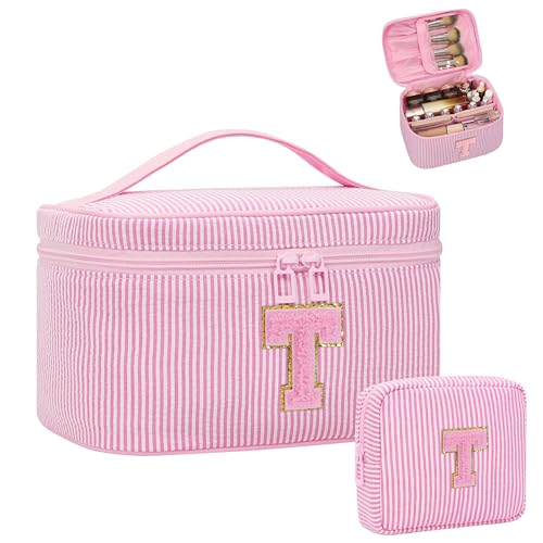 MONSTINA Make-up-Tasche für Frauen – personalisierte Initiale niedliche Make-up-Tasche mit Pinselhalter und Trennwand, Rosa T, Large, Personalisiertes Nadelstreifen-T von MONSTINA