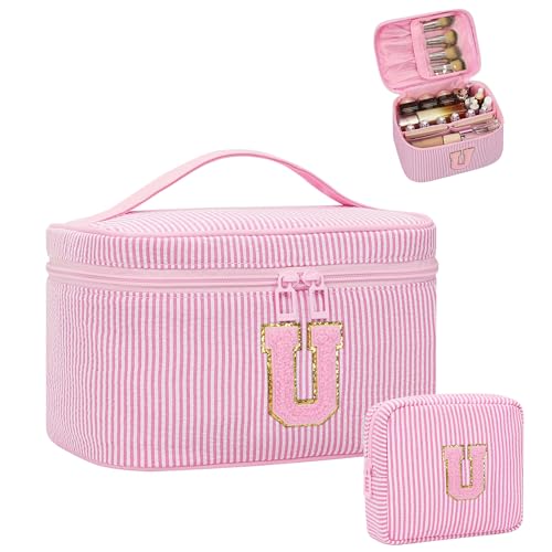 MONSTINA Make-up-Tasche für Frauen – personalisierte Initiale niedliche Make-up-Tasche mit Pinselhalter und Trennwand, Rosa U, Large, Personalisierte Initiale Nadelstreifen U von MONSTINA