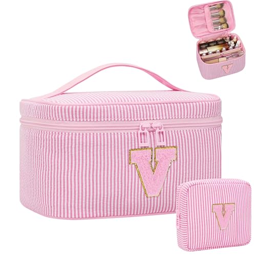 MONSTINA Make-up-Tasche für Frauen – personalisierte Initiale niedliche Make-up-Tasche mit Pinselhalter und Trennwand, Rosa V, Large, Personalisierte Initiale Nadelstreifen V von MONSTINA