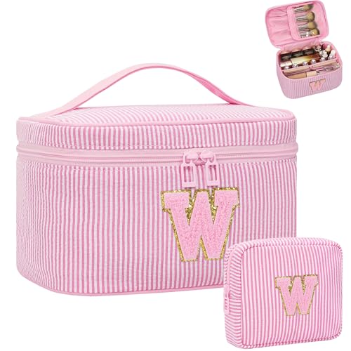 MONSTINA Make-up-Tasche für Frauen – personalisierte Initiale niedliche Make-up-Tasche mit Pinselhalter und Trennwand, Rosa W, Large, Personalisierte Initiale Nadelstreifen W von MONSTINA