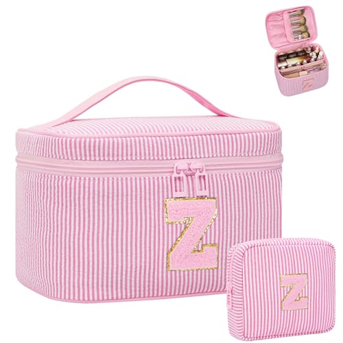 MONSTINA Make-up-Tasche für Frauen – personalisierte Initiale niedliche Make-up-Tasche mit Pinselhalter und Trennwand, Rosa Z, Large, Personalisierte Initiale Nadelstreifen Z von MONSTINA
