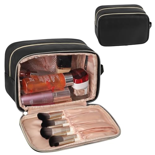 MONSTINA Reise-Make-up-Tasche, doppellagig, Kulturbeutel, Make-up-Pinseltasche, Kosmetiktasche, tragbar, groß, weit geöffnet, Pinselhalter, Geldbörse von MONSTINA