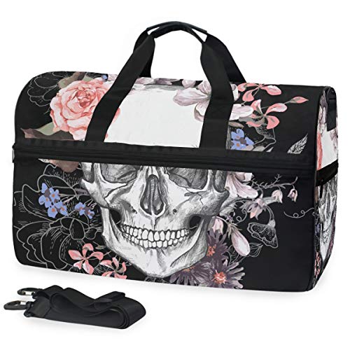 Montoj Schultertasche mit Totenkopf und Blumen, Tag der Toten, übergroße Canvas-Reisetasche von MONTOJ