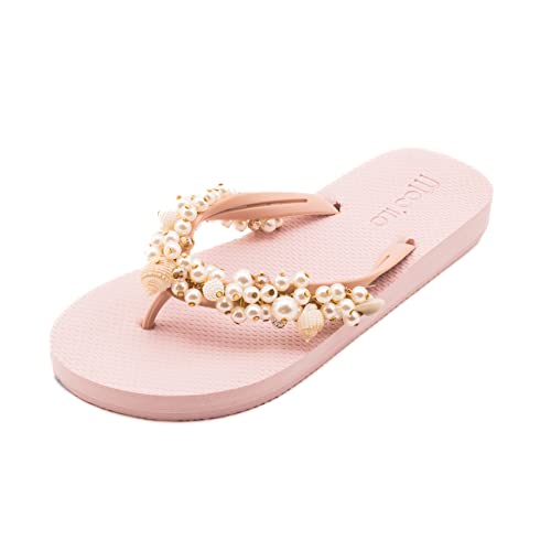 MOO´ILO Flip Flops - Mooilo - Model Chain S - Rose - mit Muscheln und Perlen, Handarbeit - Flip Flop - spezielle Sohlenkonstruktion - Design, made in Germany (Rose, numeric_40) von MOO´ILO