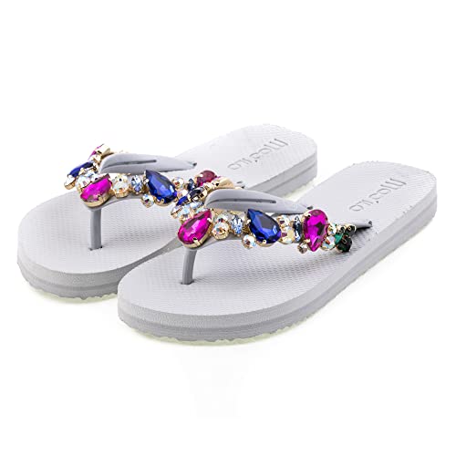 MOO´ILO Damen Sandale 'Grey Colorful' mit bunten Strass Steinchen (handgestickt) - Ultraweiche Strandsandale mit natürlicher Barfußgefühl Spezial Sohle - Design, made in Germany von MOO´ILO