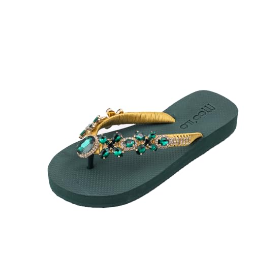 MOO´ILO Damen Sommer Zehentrenner Flipis Sandale 'Darkgreen Band gold' (handgestickt) - Ultraweiche Sohle - Design, made in Germany (eu_footwear_size_system, adult, women, numeric, medium, numeric_36) von MOO´ILO
